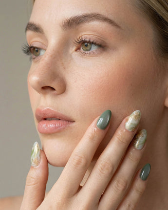 Sage Season handmade press-on nails featuring Vintage Oil Painting Green, Marble Smudge & Metallic Outlined Florals.