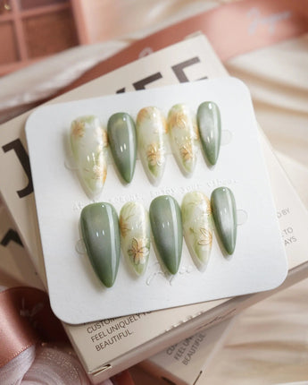 Sage Season Medium Stiletto press on nails, handmade custom nails by Joyeenails