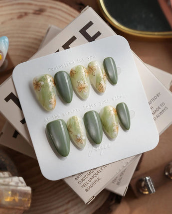 Sage Season press-on nails in short almond shape — Vintage Oil Painting Green, Marble Smudge & Metallic Outlined Florals.