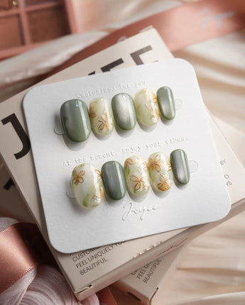 Sage Season Short Oval press on nails, handmade custom nails by Joyeenails