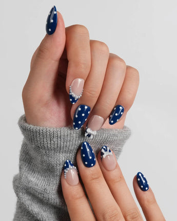 Sailor Dot — Navy Blue Polka Dot Press-On Nails with Pearl & Bow