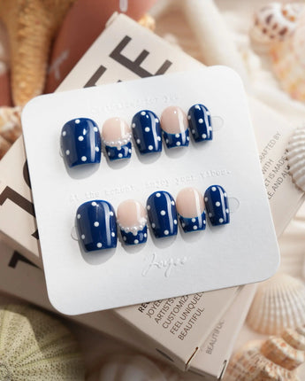 Sailor Dot extra short coffin press-on nails with preppy nautical dot design