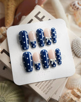 Sailor Dot medium coffin press-on nails with pearl chain and bow accent art