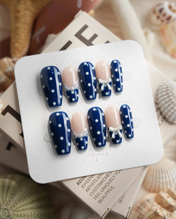 Sailor Dot medium coffin press-on nails with pearl chain and bow accent art