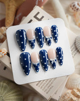 Sailor Dot medium stiletto press-on nails with nautical navy polka dots