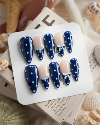 Sailor Dot medium stiletto press-on nails with nautical navy polka dots
