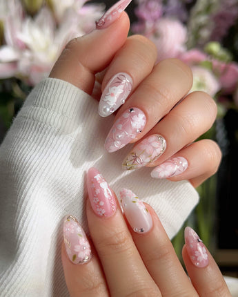 Sakura-Cipher handmade press-on nails featuring Sweet Cherry Blossom Pink, Hand-painted Bunnies & Metallic Butterfly Wings.