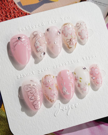 Sakura-Cipher nails in extra short almond — Sweet Cherry Blossom Pink,