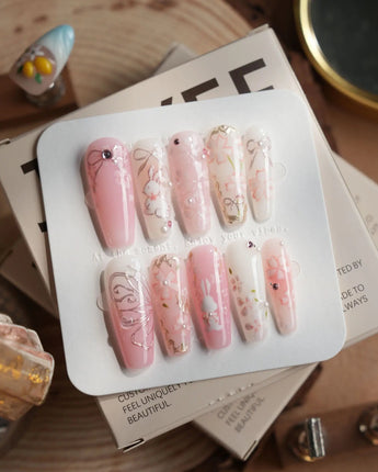 Sakura-Cipher nails in long coffin — Sweet Cherry Blossom Pink,