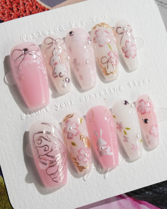 Sakura-Cipher nails in medium coffin — Sweet Cherry Blossom Pink,