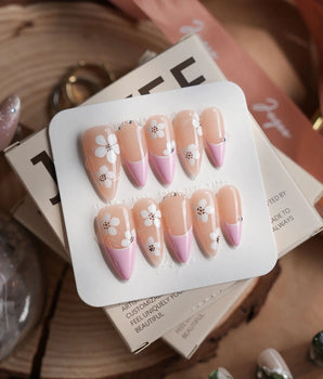 Sakura Fall handmade press-on nails featuring Pink French, White Floral.