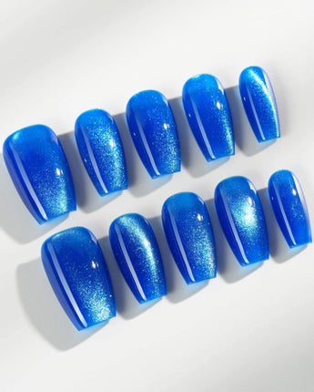 Royal Blue press-on nails — Deep Starry Blue, Cat Eye Glossy Effect. handmade nail art by Joyee Nails