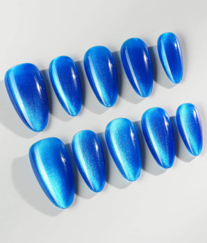 Royal Blue press-on nail set — Deep Starry Blue, Cat Eye Glossy Effect. design, hand-painted with real gel polish