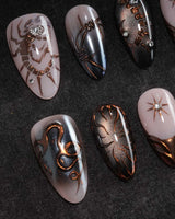 Scorpio press on nails with a hand-painted copper scorpion, barbed wire, bats, snake and thorns on nude and smoked black cat eye - image 1