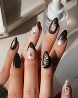 Scorpio press on nails with a hand-painted copper scorpion, barbed wire, bats, snake and thorns on nude and smoked black cat eye - image 2