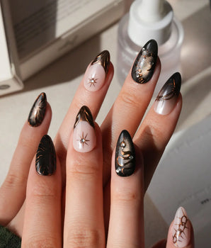 Scorpio press on nails with a hand-painted copper scorpion, barbed wire, bats, snake and thorns on nude and smoked black cat eye - image 2