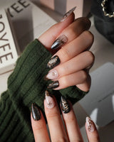 Scorpio press on nails with a hand-painted copper scorpion, barbed wire, bats, snake and thorns on nude and smoked black cat eye - image 5