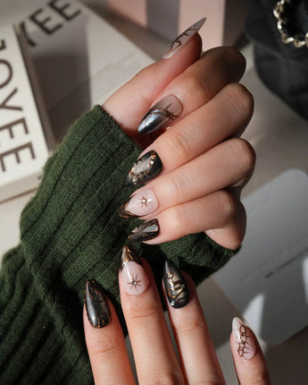 Scorpio press on nails with a hand-painted copper scorpion, barbed wire, bats, snake and thorns on nude and smoked black cat eye - image 5