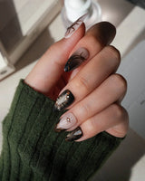 Scorpio press on nails with a hand-painted copper scorpion, barbed wire, bats, snake and thorns on nude and smoked black cat eye - image 6
