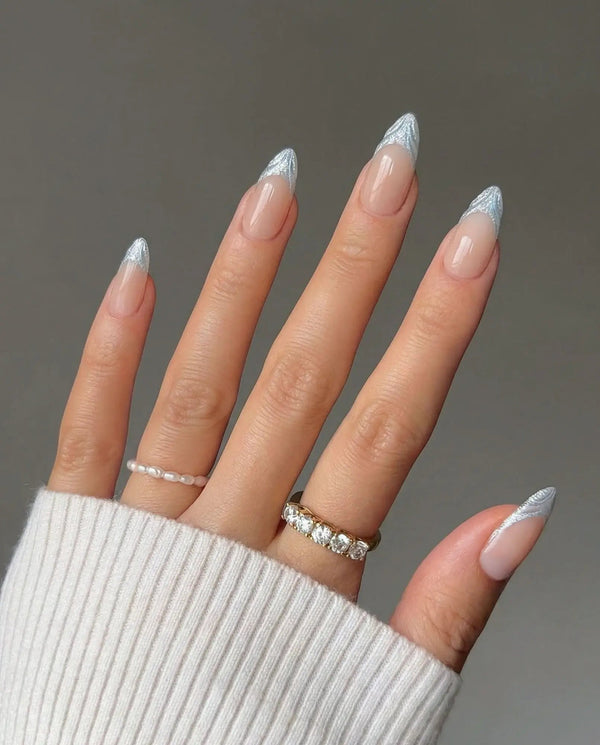 Sea Salt short almond press-on nails with icy sky blue French tips
