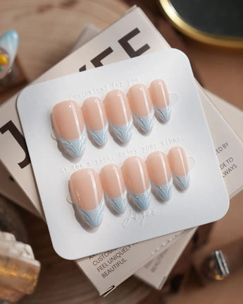 Sea Salt press-on nail set — SKy blue french tip nails design, hand-painted with real gel polish