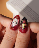 Séance gothic press on nails with a mask, dripping candles, lantern, skull and dagger on jewel tone cat eye with gold studs - image 4