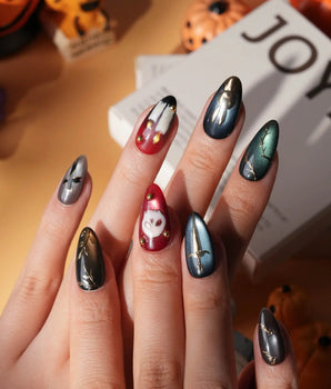 Séance gothic press on nails with a mask, dripping candles, lantern, skull and dagger on jewel tone cat eye with gold studs - image 2