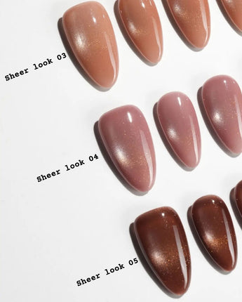 Sheer Look Team #2 handmade press-on nails featuring brown cat eye