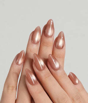 Sheer Look Team #2 press-on nail set — brown cat eye design, hand-painted with real gel polish