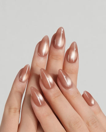 Sheer Look Team #2 press-on nail set — brown cat eye design, hand-painted with real gel polish