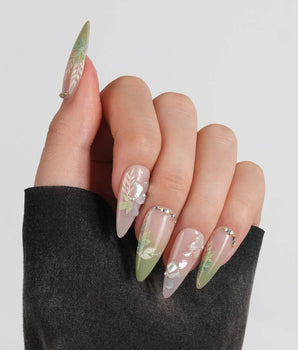 Shell Blossom press-on nails — Gentle Pink & Green