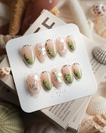 Shell Blossom Extra Short Almond press on nails, handmade custom nails by Joyeenails