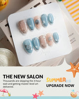 Shell Money extra short almond nails with silver chrome shells and sandy nude tones