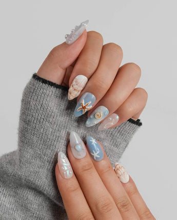 Shell Picking short almond nails with tiny sea turtle and shell treasure details