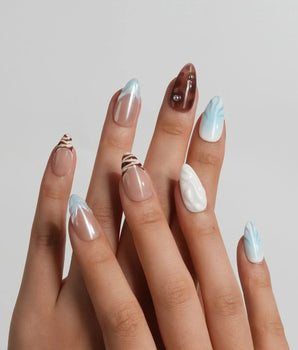 Shore Blend Short Almond press on nails, handmade custom nails by Joyeenails