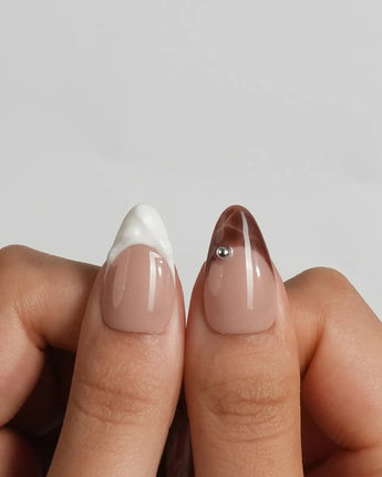 Shore Blend modern geometric nail art with silver ball accents and beach colors