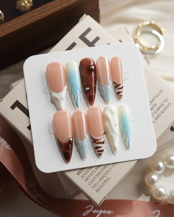 Shore Blend Long Stiletto press on nails, handmade custom nails by Joyeenails