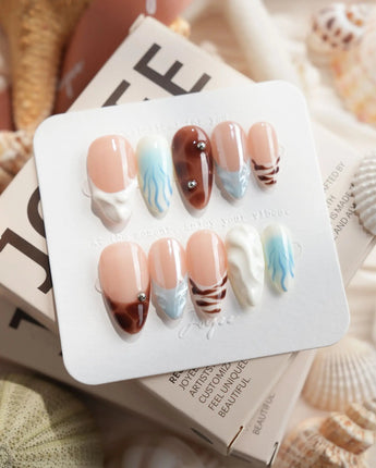 Shore Blend coastal color-block press-on nails in medium almond shape