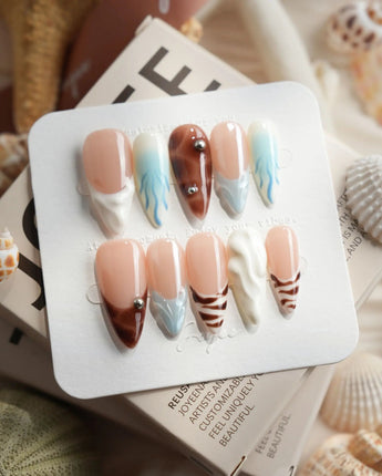 Shore Blend coastal color-block press-on nails in medium stiletto shape