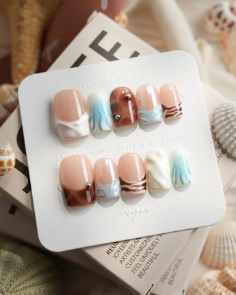 Shore Blend coastal color-block press-on nails in short square shape