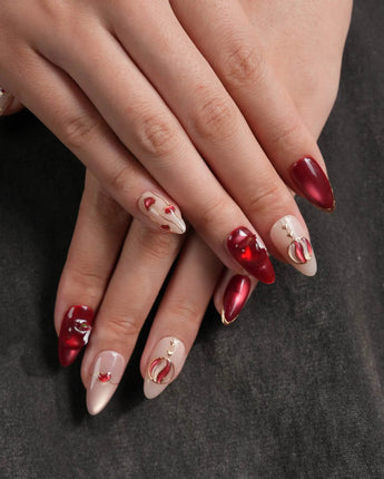 Sweet Bite nails in short almond — Deep Red & Nude