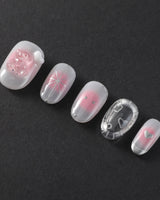 Y2K Love press-on nail set — pink aura 3D heart soft gloss nails design, hand-painted with real gel polish