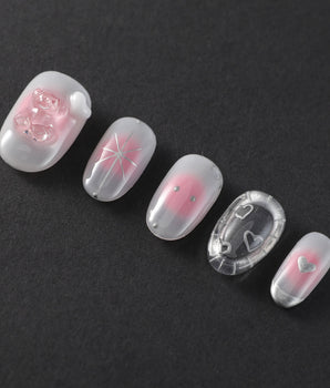 Y2K Love press-on nail set — pink aura 3D heart soft gloss nails design, hand-painted with real gel polish