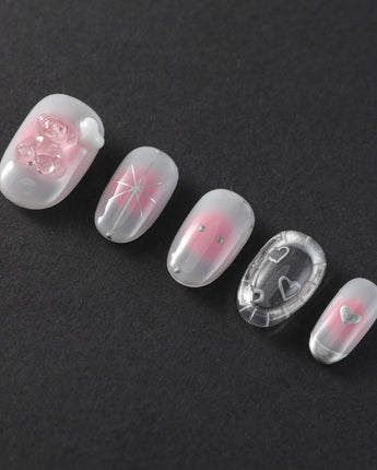 Y2K Love press-on nail set — pink aura 3D heart soft gloss nails design, hand-painted with real gel polish
