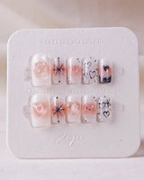 Y2K Love press-on nails in short square shape — pink aura 3D heart soft gloss nails