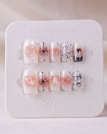 Y2K Love press-on nails in short square shape — pink aura 3D heart soft gloss nails