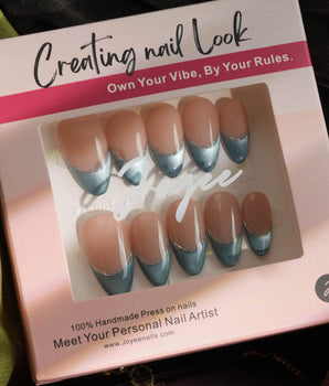 Silk Azure press-on nail set — Ice Blue Cat Eye, French Silver Wire. design, hand-painted with real gel polish