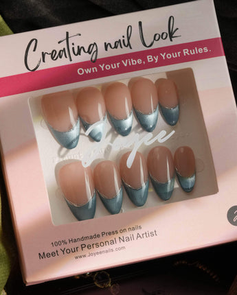 Silk Azure press-on nail set — Ice Blue Cat Eye, French Silver Wire. design, hand-painted with real gel polish
