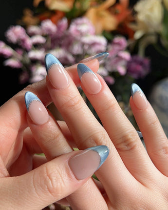 Silk Azure press-on nails — Ice Blue Cat Eye, French Silver Wire. handmade nail art by Joyee Nails