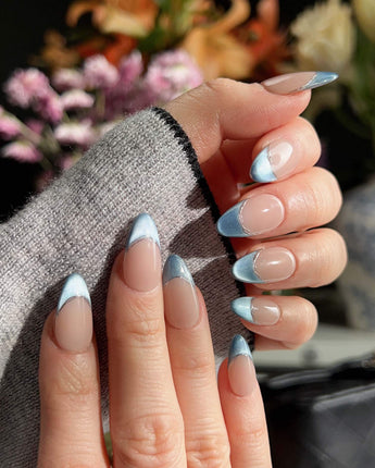 Silk Azure press-on nails — Ice Blue Cat Eye, French Silver Wire. handmade nail art by Joyee Nails